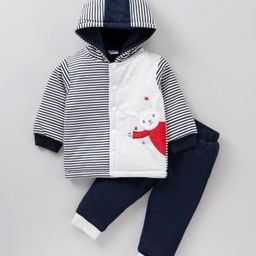 Babyhug Full Sleeves Cotton Woven Hooded Striped Winter Wear Suit Bunny Patch - Navy Blue-picture-35