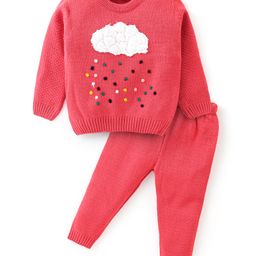 Babyhug Full Sleeves Pullover & Pant Set With Cloud Applique - Coral-image-19
