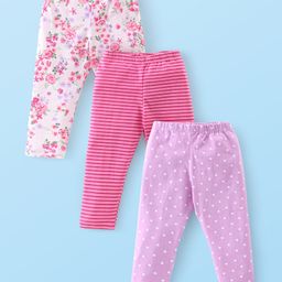 Babyhug Cotton Lycra Knit Full Length Leggings Floral Print Pack of 3 - Pink & White-image-63