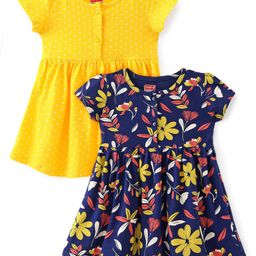 Babyhug Cotton Jersey Knit Half Sleeves Frock Floral Print Pack Of 2 - Yellow & Blue-image-90
