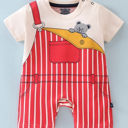 Mini Taurus Cotton Knit Half Sleeves Romper Stripes & Bear Print - Red-picture-19