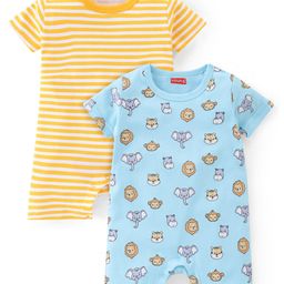 Babyhug 100% Cotton Half Sleeves Romper With Animals Print & Striped Pack Of 2 - Blue & Yellow-image-44