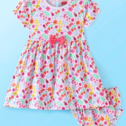 Babyhug Cotton Knit Half Sleeves Floral Printed & Bow Applique Frock Floral with Bloomer - White-picture-23