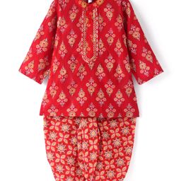 Babyhug Cotton Woven Full Sleeves Kurta & Dhoti Set with Floral Print - Red-image-34
