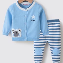 Kookie Kids Knit Full Sleeves Front Open Striped Sweater Set with Panda Design - Blue-image-92
