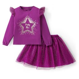 Babyhug Cotton Knit Full Sleeves Top & Mesh Overlay Skirt Set With Foil Text Print - Purple-10