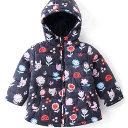 Babyhug Woven Full Sleeves Padded Hooded Jacket With Floral Print - Navy Blue-image-97