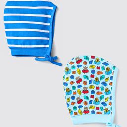 Babyhug 100% Cotton Knit Caps with Bear Print & Stripes Pack of 2 - Blue-image-38