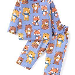 Babyhug Cotton Knit Full Sleeves Night Suit with Bear Print - Blue-image-72