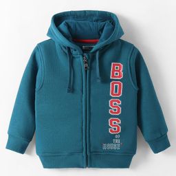 Bodycare Fleece Knit Full Sleeves Hooded Sweat Jacket With Text Print - Teal Blue-picture-4