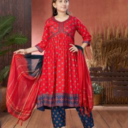 Aarika Three Fourth Sleeves Ethnic Motif Printed & Mirror Work Detailed Kurta With Pant & Dupatta Set - Red-picture-16