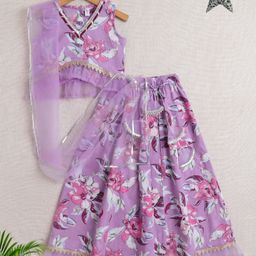 The Magic Wand Cotton Sleeveless Floral Printed & Lace Embellished Coordinating Lehenga & Choli With Dupatta Set - Purple-image-12