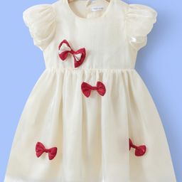 Mark & Mia Half Bubble Sleeves Solid Color with Bow Detailing Party Frock - Beige-image-77
