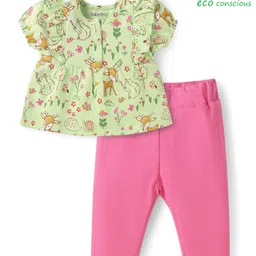 Babyoye 100% Cotton Knit Half Puffed Sleeves Eco Jiva Finish Top & Leggings Set with Jungle Theme Print - Light Green-picture-26