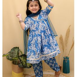 Superminis Cotton Half Sleeves Floral Printed & Lace Embellished Kurta Pant with Dupatta Set - Blue-image-31