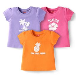 Babyhug Cotton Knit Half Sleeves T-Shirts with Tropical Print Pack of 3 - Lilac & Pink-image-51