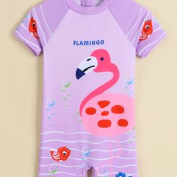 Babyhug Half Raglan Sleeves Legged Swimsuit With Flamingo Print - Purple-image-81