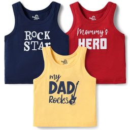 Doodle Poodle 100% Cotton Single Jersey Knit Sleeveless Vests With Text Print Pack Of 3 - Red Navy Blue & Yellow-14