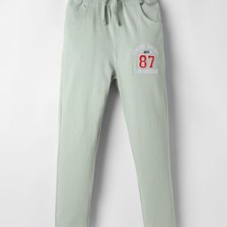 Olio Kids Cotton Knit Full Length Track Pant with Text Embroidery - Olive Green-image-74