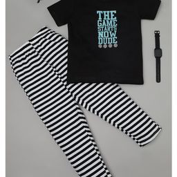 RAINE AND JAINE Cotton Knit Half Sleeves The Game Starts Now Dude Text Printed & Striped Night Suit Set - Black & White-image-55