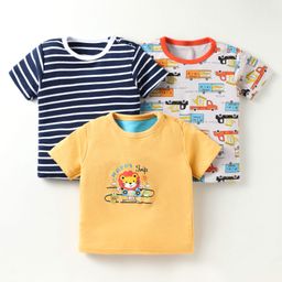 Kidi Wav Cotton Pack Of 3 Half Sleeves Striped & Construction Vehicles Printed Tees - Multi Colour-image-28