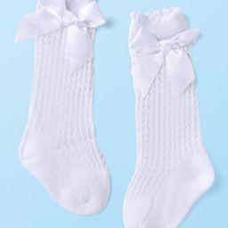 Cute Walk by Babyhug Knit Calf Length Party Socks with Bow Applique & Cable Knit Design - White-image-51