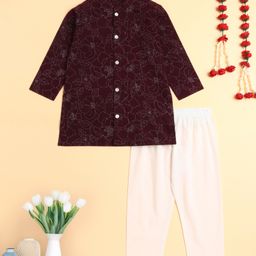 The Magic Wand Cotton Woven Full Sleeves Floral Printed Kurta & Pyjama Set - Wine-image-39
