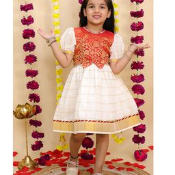 BownBee Cotton Woven Half Puffed Sleeves Floral Foil Printed Bow Applique Detailed Dress - Red-picture-16