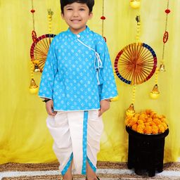 BownBee Pure Cotton Woven Full Sleeves Floral Printed Dhoti Kurta Set - Blue-picture-28