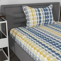 Myntra Elegant Homes Blue & White Geometric 144 TC Single Bedsheet with 1 Pillow Covers-image-98