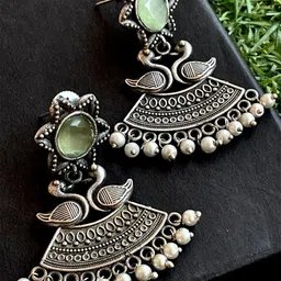 Aasira German Silver-Plated Stones Studded & Pearls Beaded Peacock Oxidised Chandbalis-picture-20