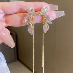 FIMBUL Gold-Plated Artificial Stones Studded Leaf Shaped Drop Earrings-16