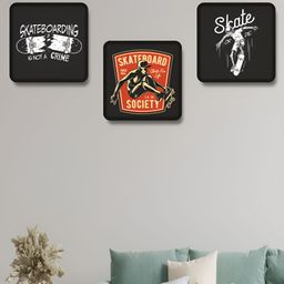 SAF Black & White 3 Pieces Skate Board Printed Wooden Wall Art-image-3