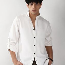 Urbano Fashion Men White Solid Linen Full Sleeve Relaxed Fit Mandarin Collar Casual Shirt-image-62