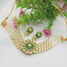 EVY Gold-Plated Polki Kundan & Pearls Studded And Beaded Choker Necklace With Earrings-54
