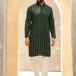 Anouk Green Geometric Embroidered Sequence Band Collar Straight Kurta-picture-47