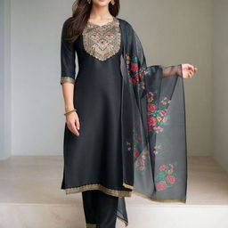 SZN Floral Yoke Design Straight Kurta With Trousers & Dupatta-image-29