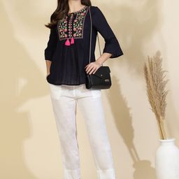 all about you Embroidered Cotton three-quarter Top-image-20