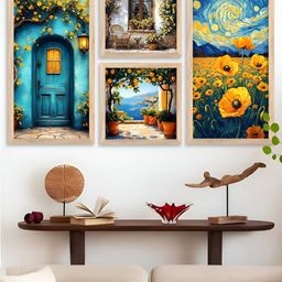 Kotart Brown & Yellow 4 Pieces Floral And Botanical Printed Portrait Wooden Wall Arts-picture-42