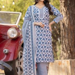 Fashion Basket Floral Printed V-Neck Cotton Silk Straight Kurta With Trousers & Dupatta-image-16