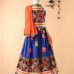 Bownbee Mirror Work Sleeveless Choli With Dupatta & Lehenga Set - Blue-image-89
