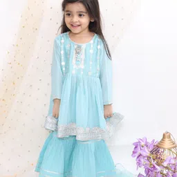 Little Bansi Full Sleeves Zardosi Work Kurti With Sharara & Dupatta - Blue-picture-37