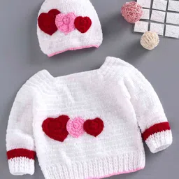 USHA ENTERPRISES Full Sleeves Hearts Embroidered Crochet Sweater With Cap - White-picture-25