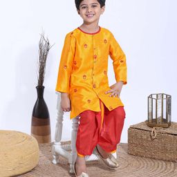 Babyhug Full Sleeves Kurta & Dhoti Set Floral Embroidery - Yellow & Red-image-5