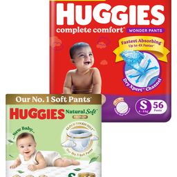 Huggies Wonder Pants Small Pant Style Diapers - 56 Pieces and Huggies Natural Soft Premium Baby Diaper Pants, Small Size (4-8 Kgs), Pack of 46-23