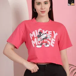 Dreambe Women Pack of 2 Mickey Mouse Typography Printed Round Neck Cotton Boxy T-shirts-image-96