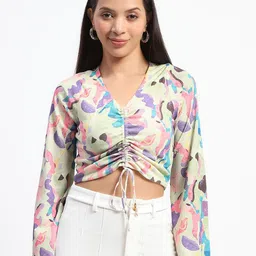 Madame Women Abstract Printed Ruched V-Neck Top-picture-11