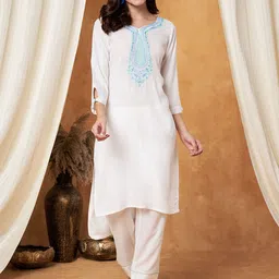 SHADES OF FAASHION Women Floral Embroidered Regular Chikankari Pure Cotton Kurta with Trousers-picture-15