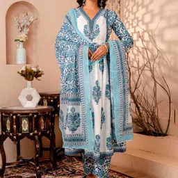 KALINI Women Floral Printed Pleated Pure Cotton Kurta with Trousers & With Dupatta-image-16
