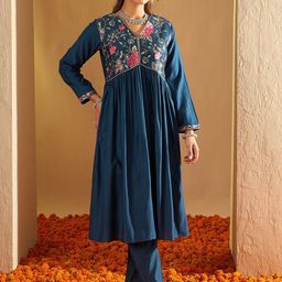 Anouk Floral Embroidered Empire Thread Work Liva Kurta with Trousers-image-7